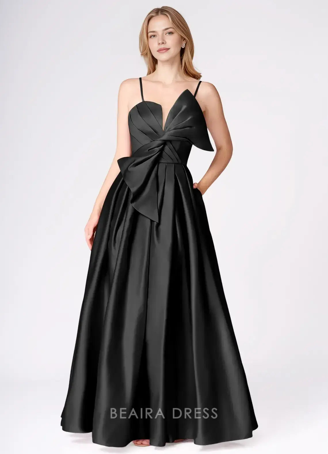 Elegant A-Line Strapless Bow - Detailed Satin Maxi Dress with Side Slit Prom Dress