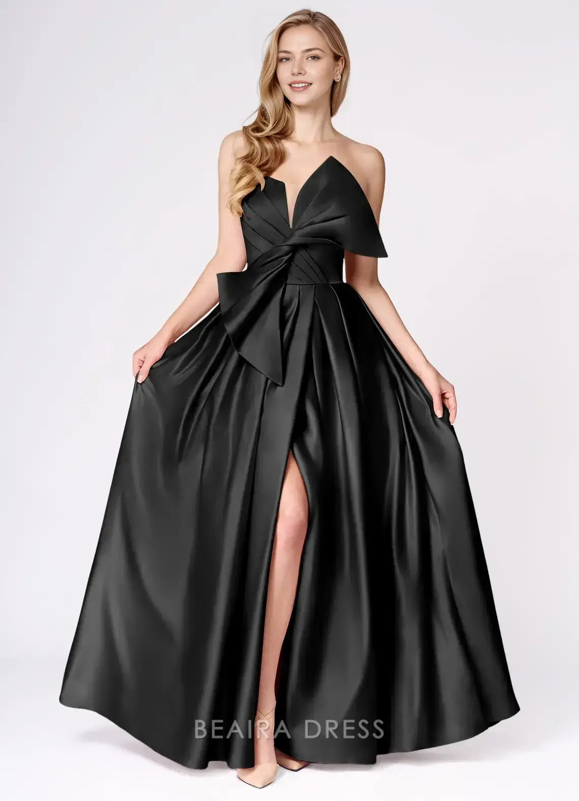 Elegant A-Line Strapless Bow - Detailed Satin Maxi Dress with Side Slit Prom Dress