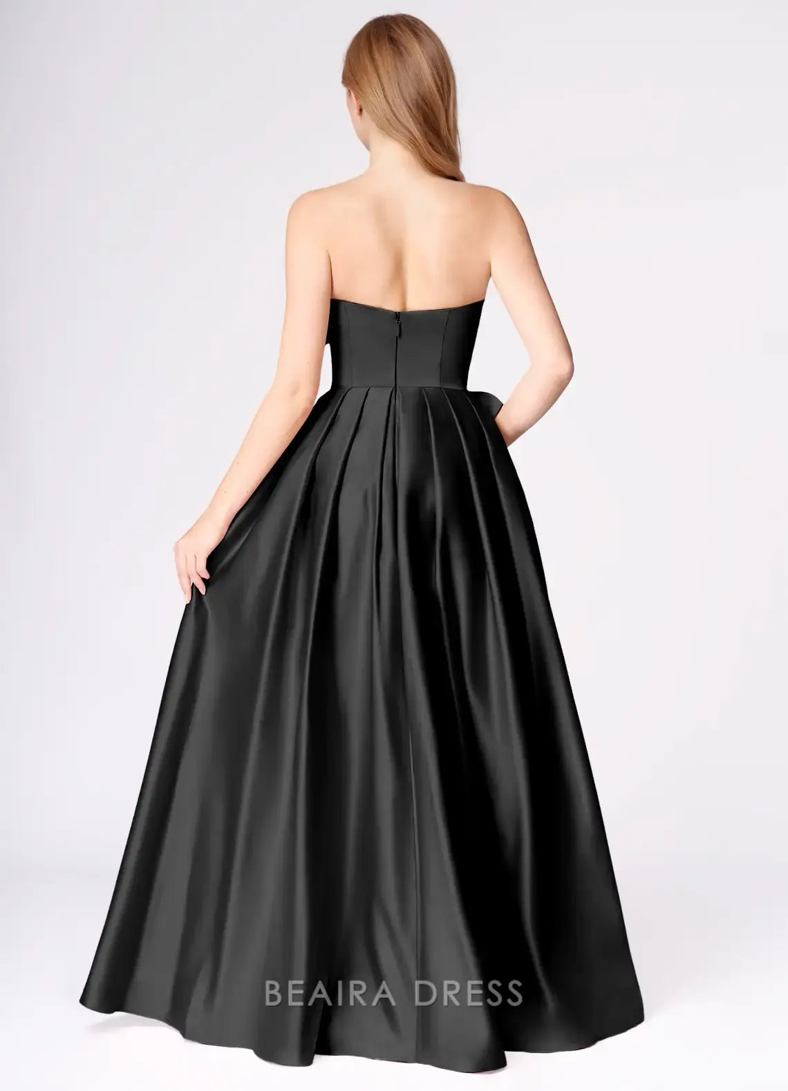 Elegant A-Line Strapless Bow - Detailed Satin Maxi Dress with Side Slit Prom Dress