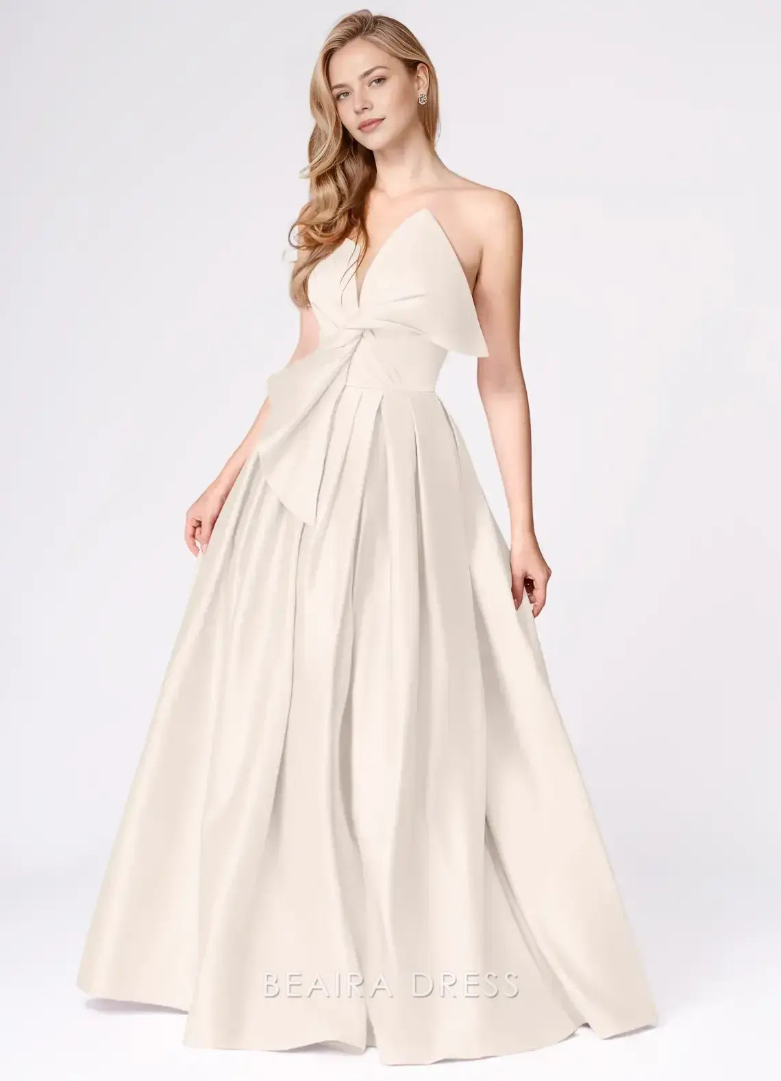 Elegant A-Line Strapless Bow - Detailed Satin Maxi Dress with Side Slit Prom Dress