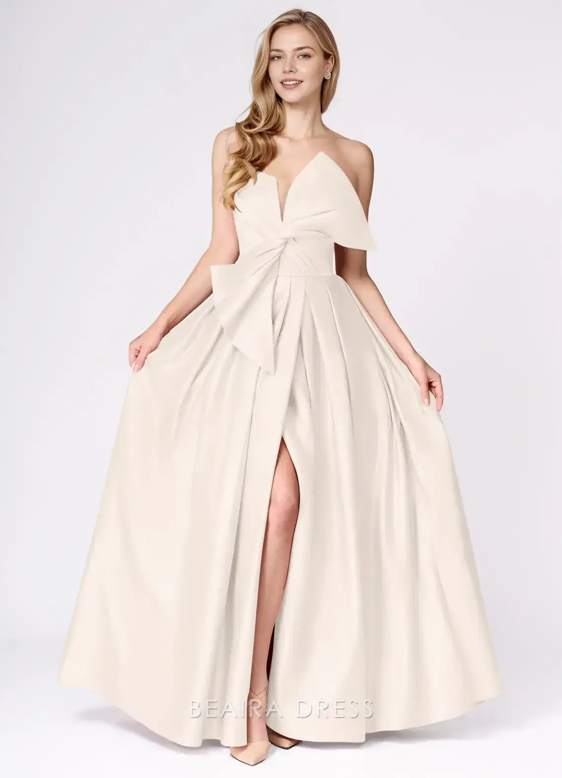Elegant A-Line Strapless Bow - Detailed Satin Maxi Dress with Side Slit Prom Dress