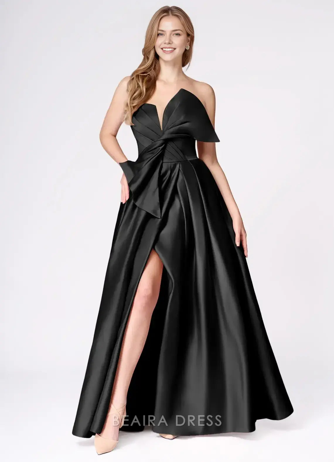Elegant A-Line Strapless Bow - Detailed Satin Maxi Dress with Side Slit Prom Dress