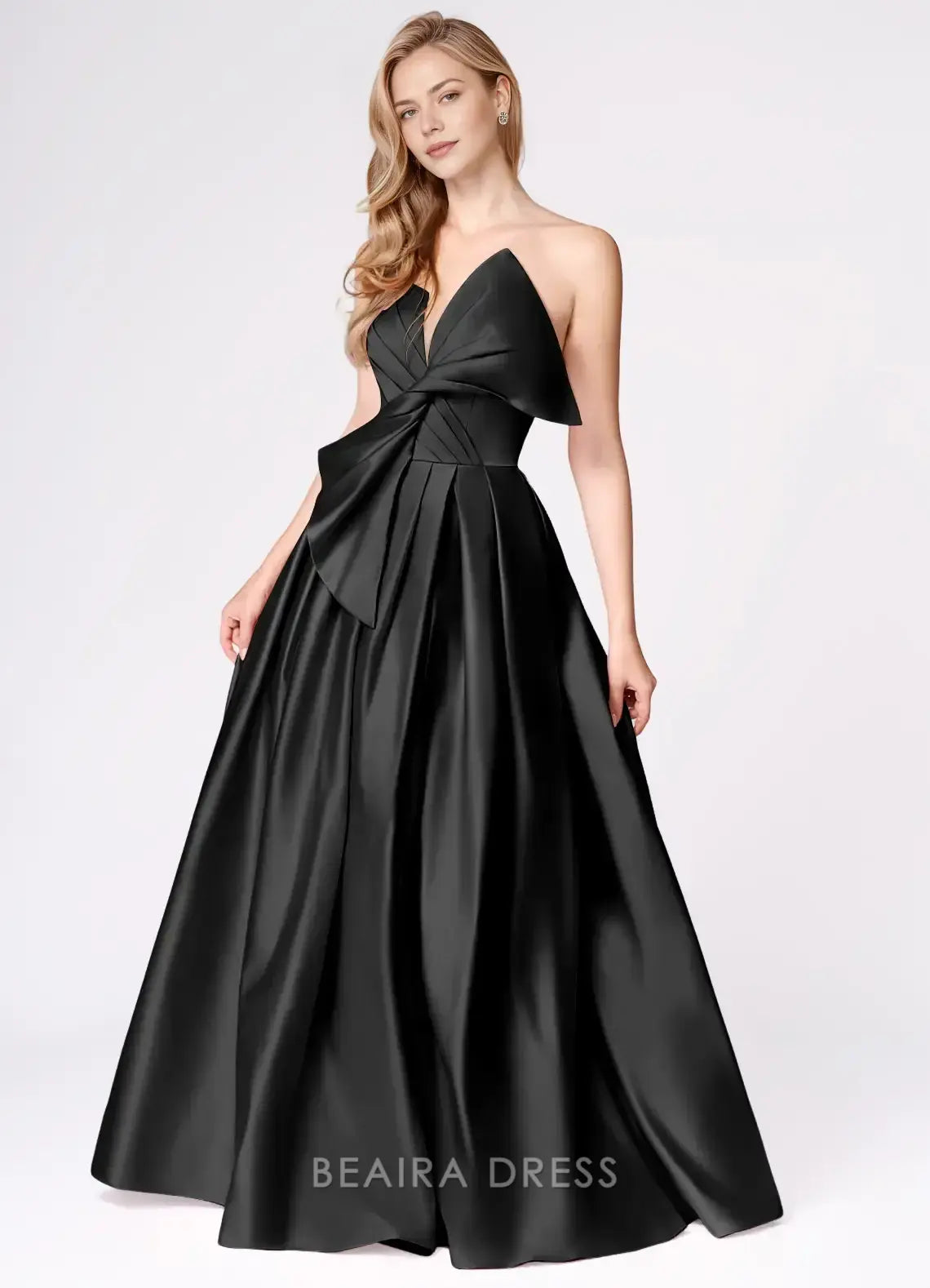 Elegant A-Line Strapless Bow - Detailed Satin Maxi Dress with Side Slit Prom Dress