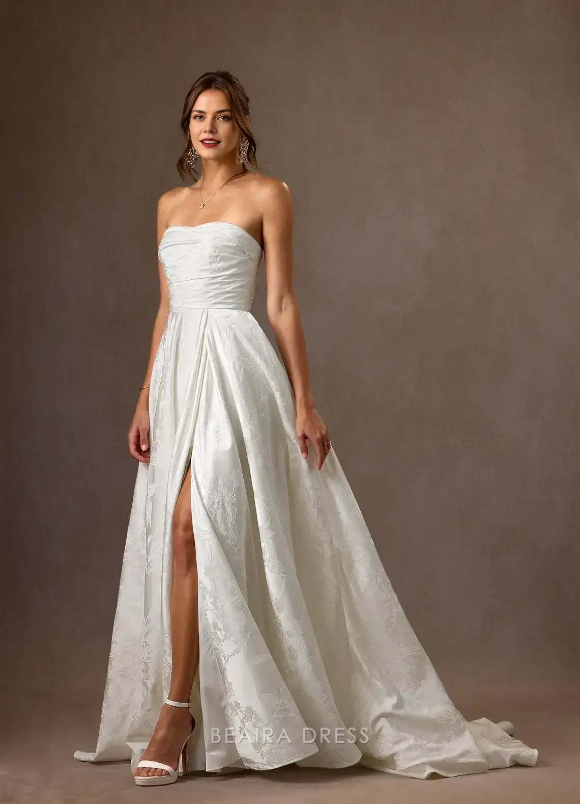Elegant A-Line Strapless Jacquard Chapel Train with Side Slit and Train Prom Dress