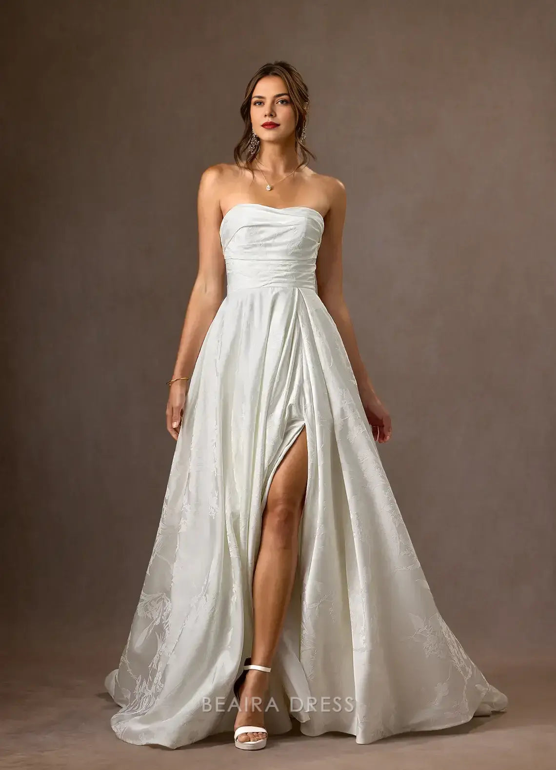 Elegant A-Line Strapless Jacquard Chapel Train with Side Slit and Train Prom Dress