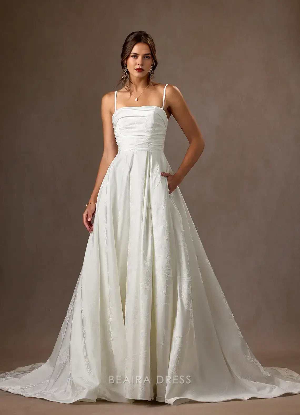 Elegant A-Line Strapless Jacquard Chapel Train with Side Slit and Train Prom Dress