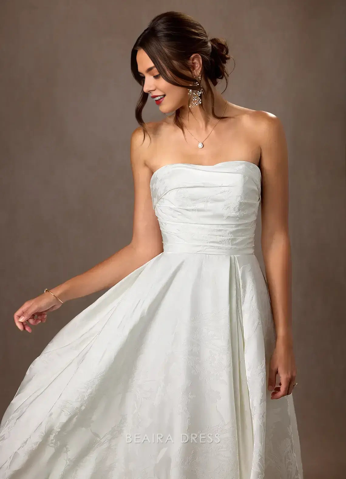 Elegant A-Line Strapless Jacquard Chapel Train with Side Slit and Train Prom Dress