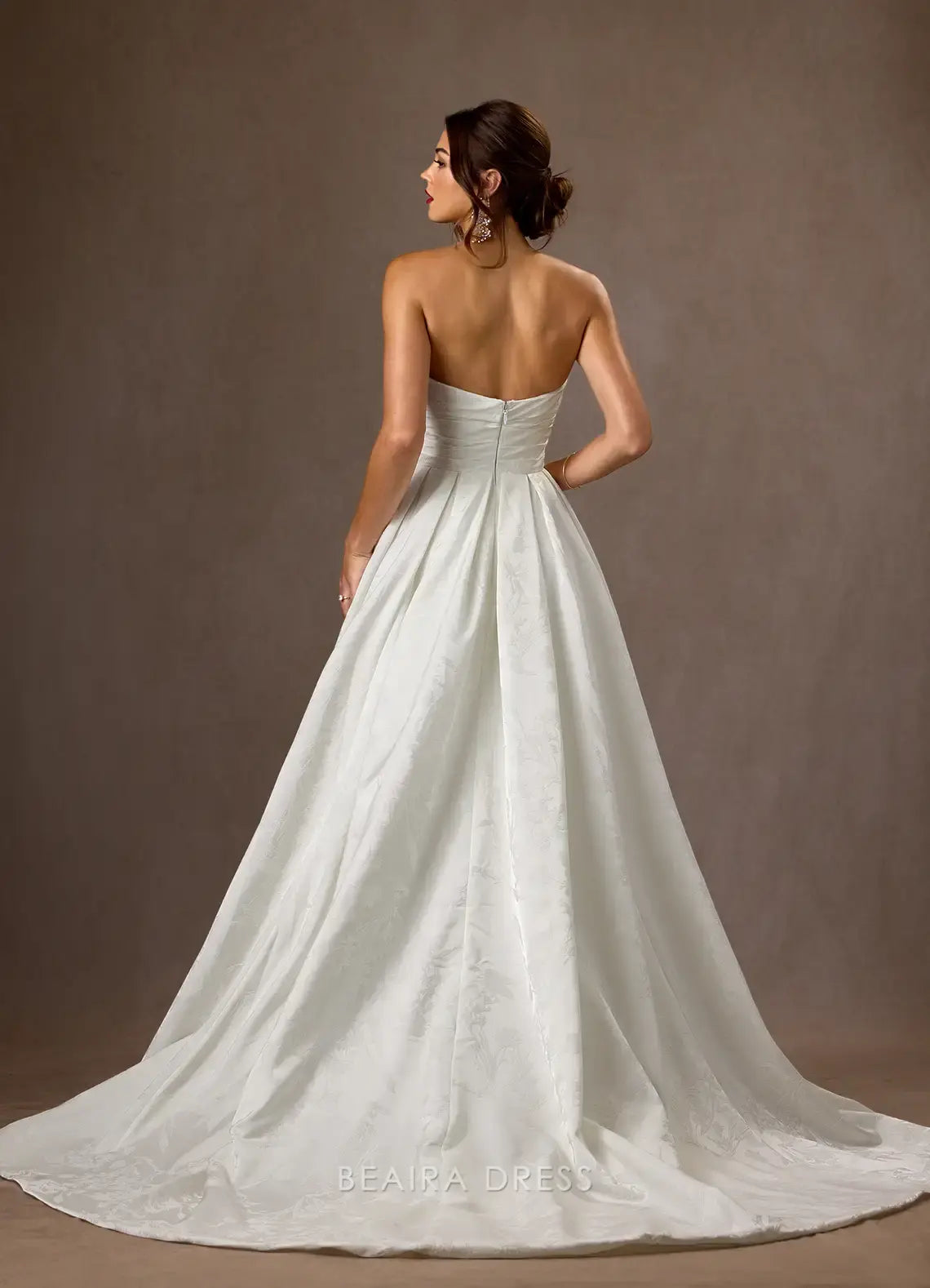 Elegant A-Line Strapless Jacquard Chapel Train with Side Slit and Train Prom Dress