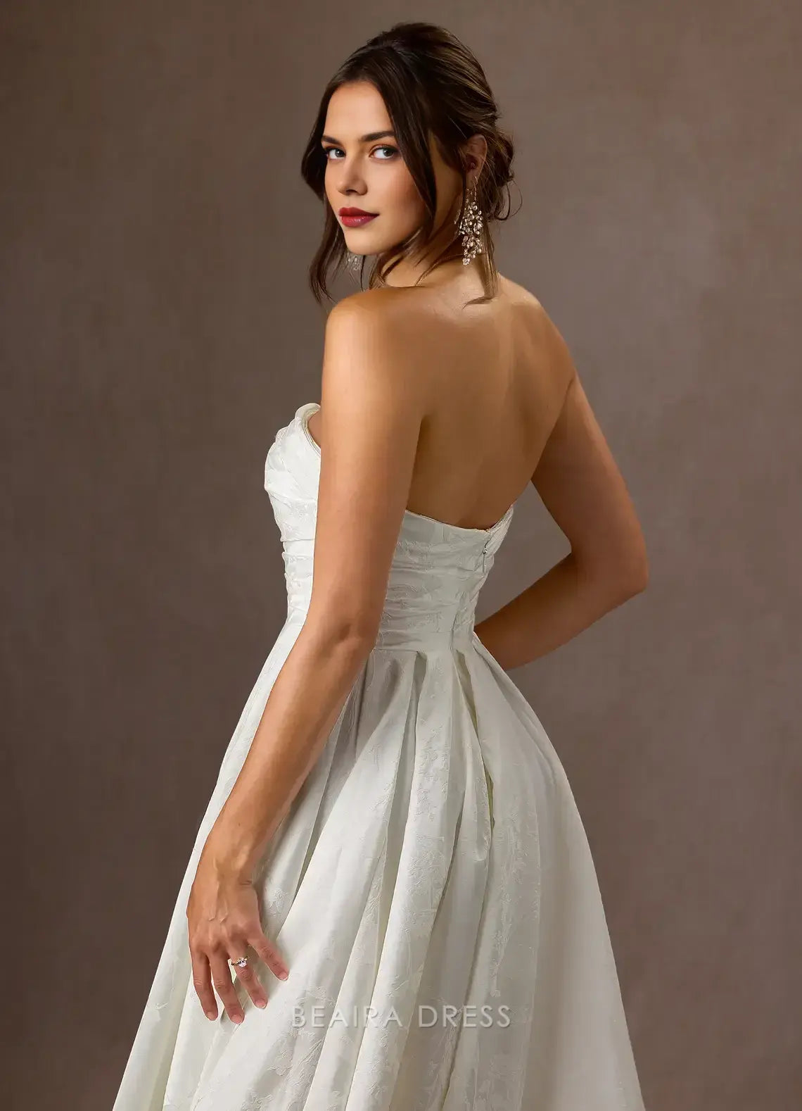 Elegant A-Line Strapless Jacquard Chapel Train with Side Slit and Train Prom Dress