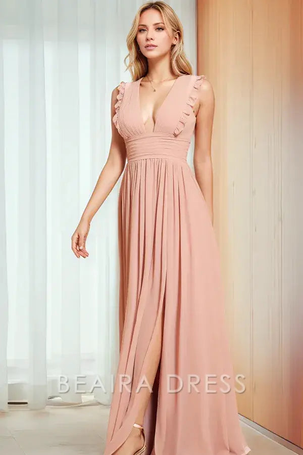 Beaira Elegant A-Line V Neck Straps Sleeveless Pleated Ruffles Prom Party Dress High Side Slit and Train Open Back Bridesmaids Dress