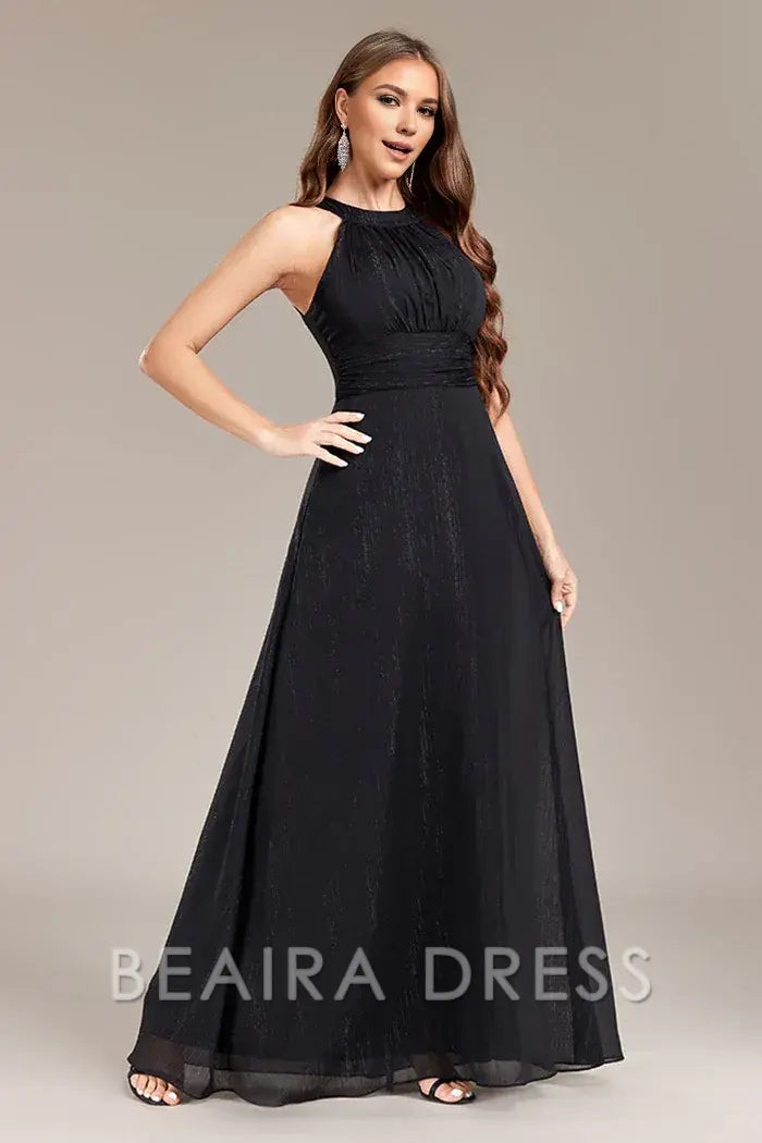 Beaira Elegant Black A Line Halter Long Prom Dress with Open Back - Black