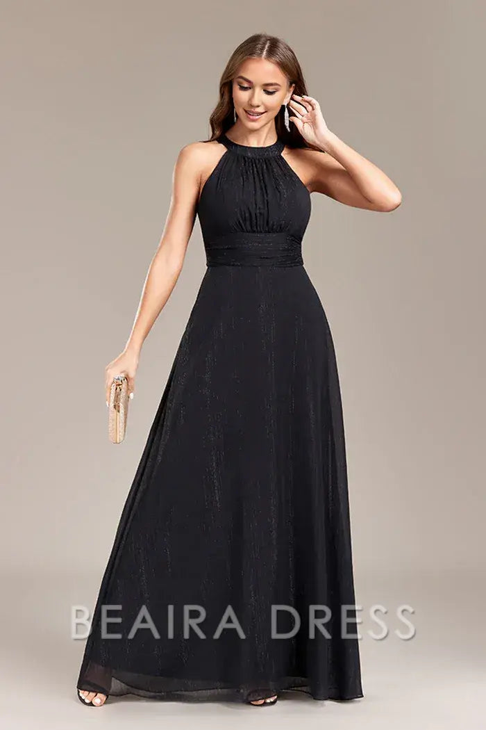 Beaira Elegant Black A Line Halter Long Prom Dress with Open Back - Black