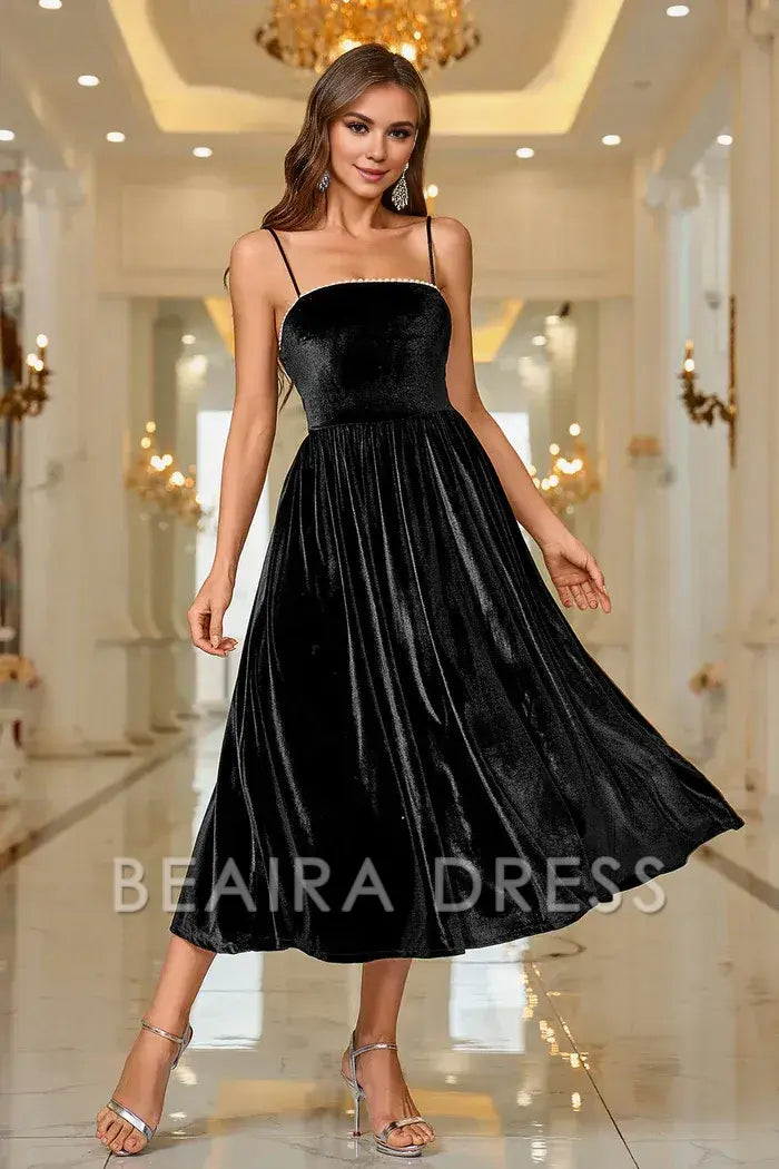 Beaira Elegant Black Velvet A Line Spaghetti Straps Tea Length Prom Dress - Black
