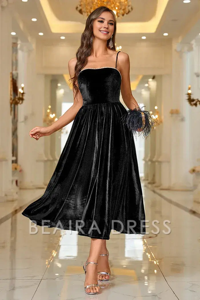 Beaira Elegant Black Velvet A Line Spaghetti Straps Tea Length Prom Dress - Black
