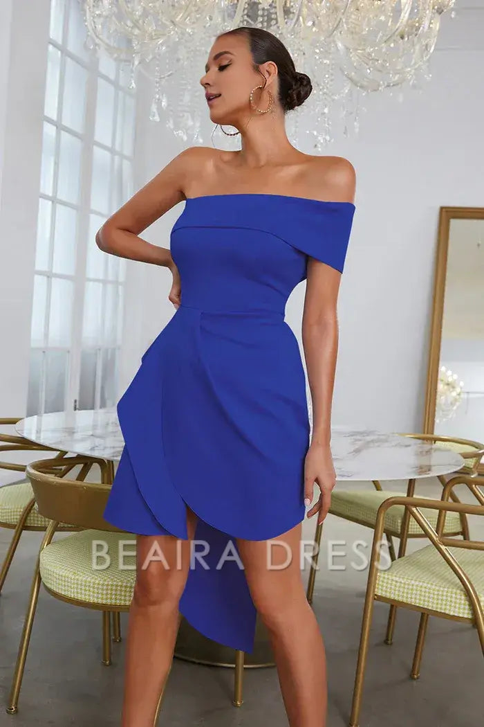 Beaira Elegant Blue Bodycon Strapless Solid Asymmetrical Cocktail Party Dress - Blue