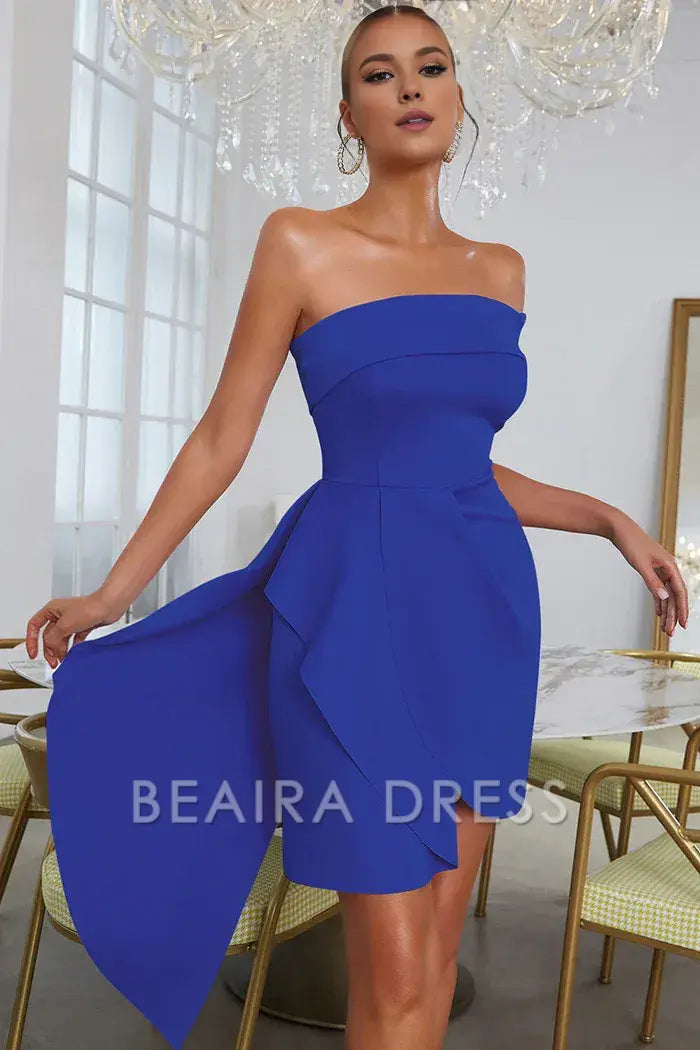 Beaira Elegant Blue Bodycon Strapless Solid Asymmetrical Cocktail Party Dress - Blue