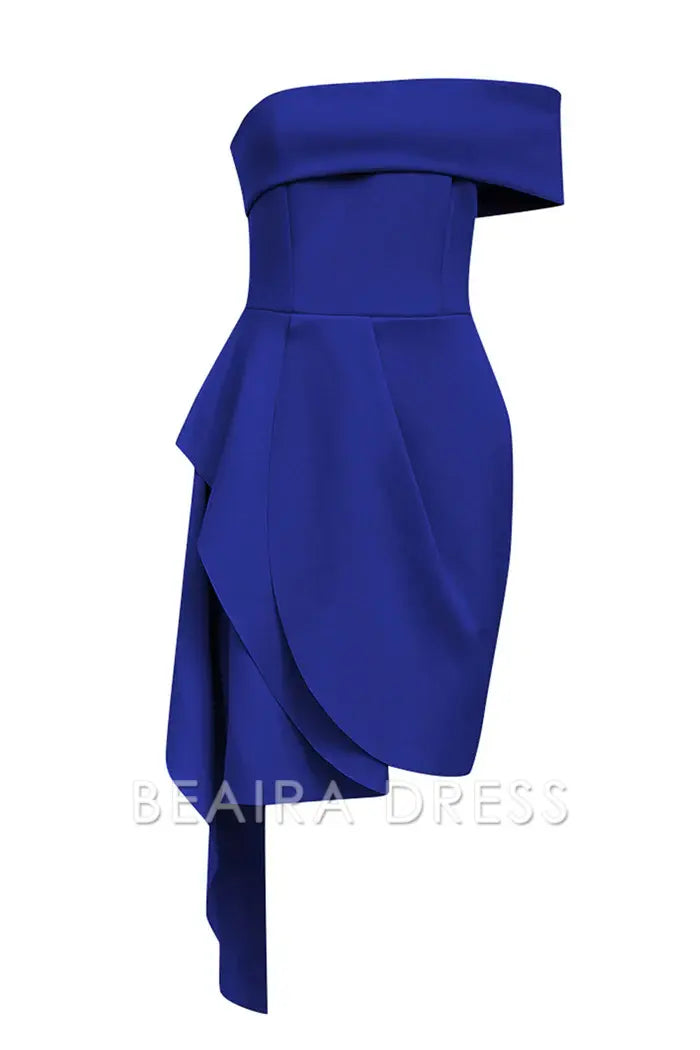 Beaira Elegant Blue Bodycon Strapless Solid Asymmetrical Cocktail Party Dress - Blue