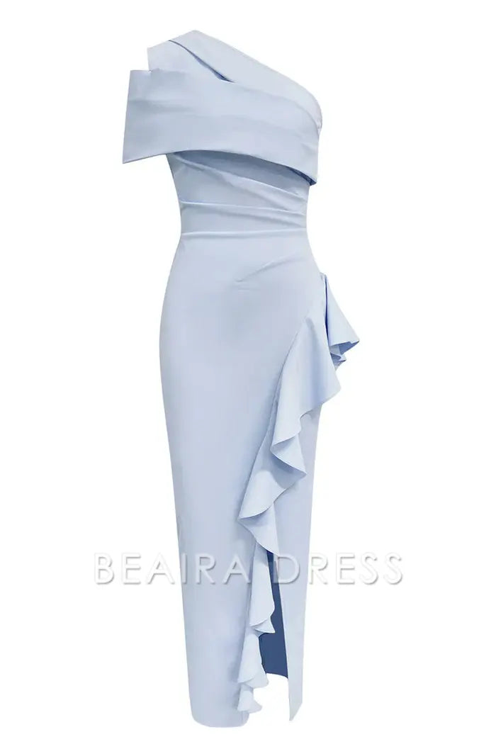 Beaira Elegant Blue One Shoulder Ruffled Slit Prom Dress - Blue