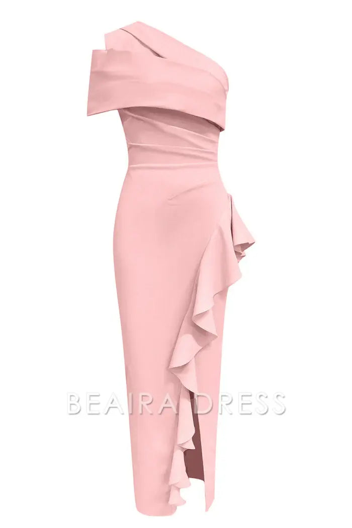 Beaira Elegant Pink One Shoulder Ruffled Slit Prom Dress - Pink