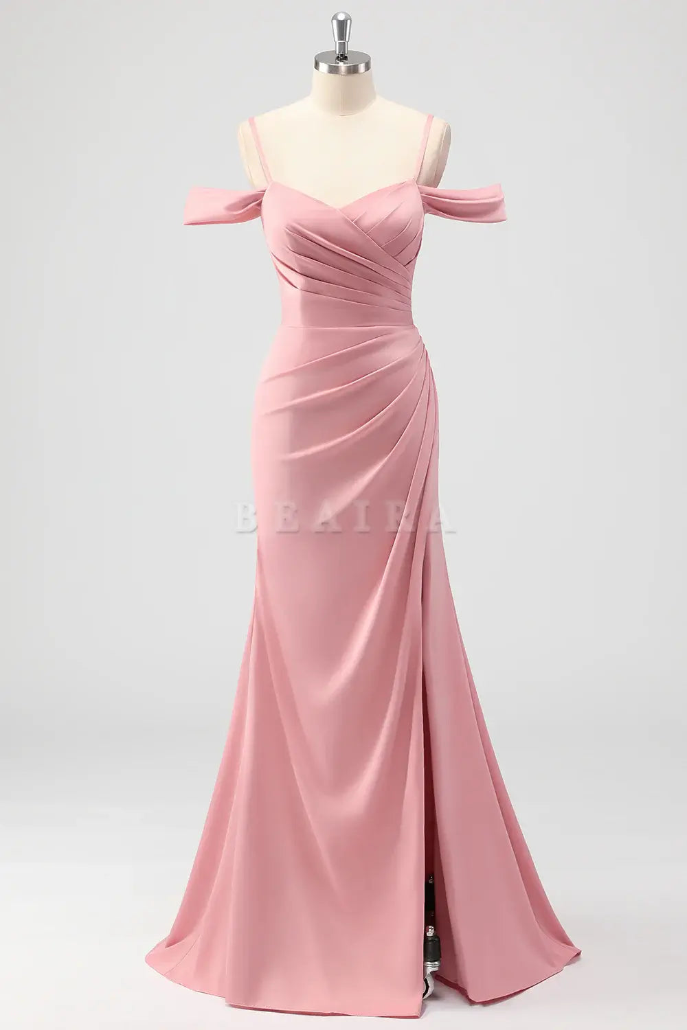 Beaira Elegant Blush Mermaid Cold Shoulder Ruched Satin Long Bridesmaid Dress with Slit