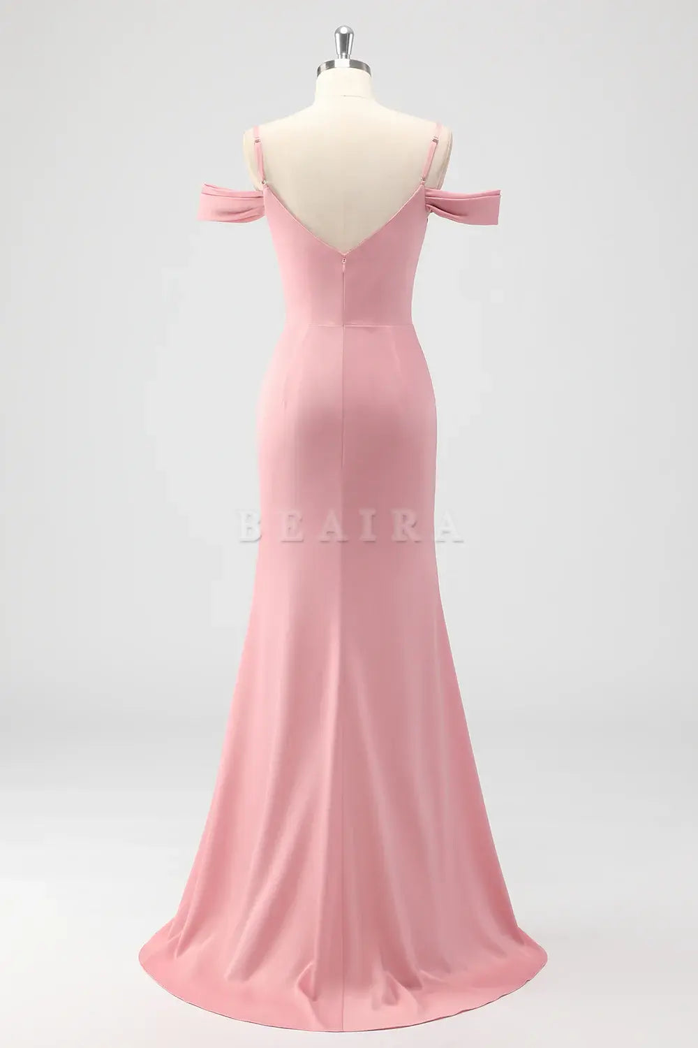 Beaira Elegant Blush Mermaid Cold Shoulder Ruched Satin Long Bridesmaid Dress with Slit