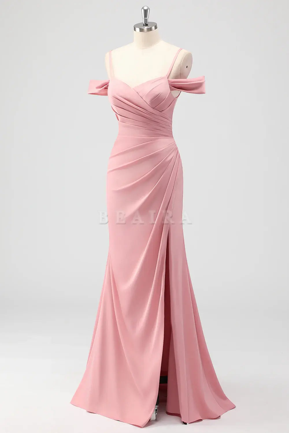 Beaira Elegant Blush Mermaid Cold Shoulder Ruched Satin Long Bridesmaid Dress with Slit