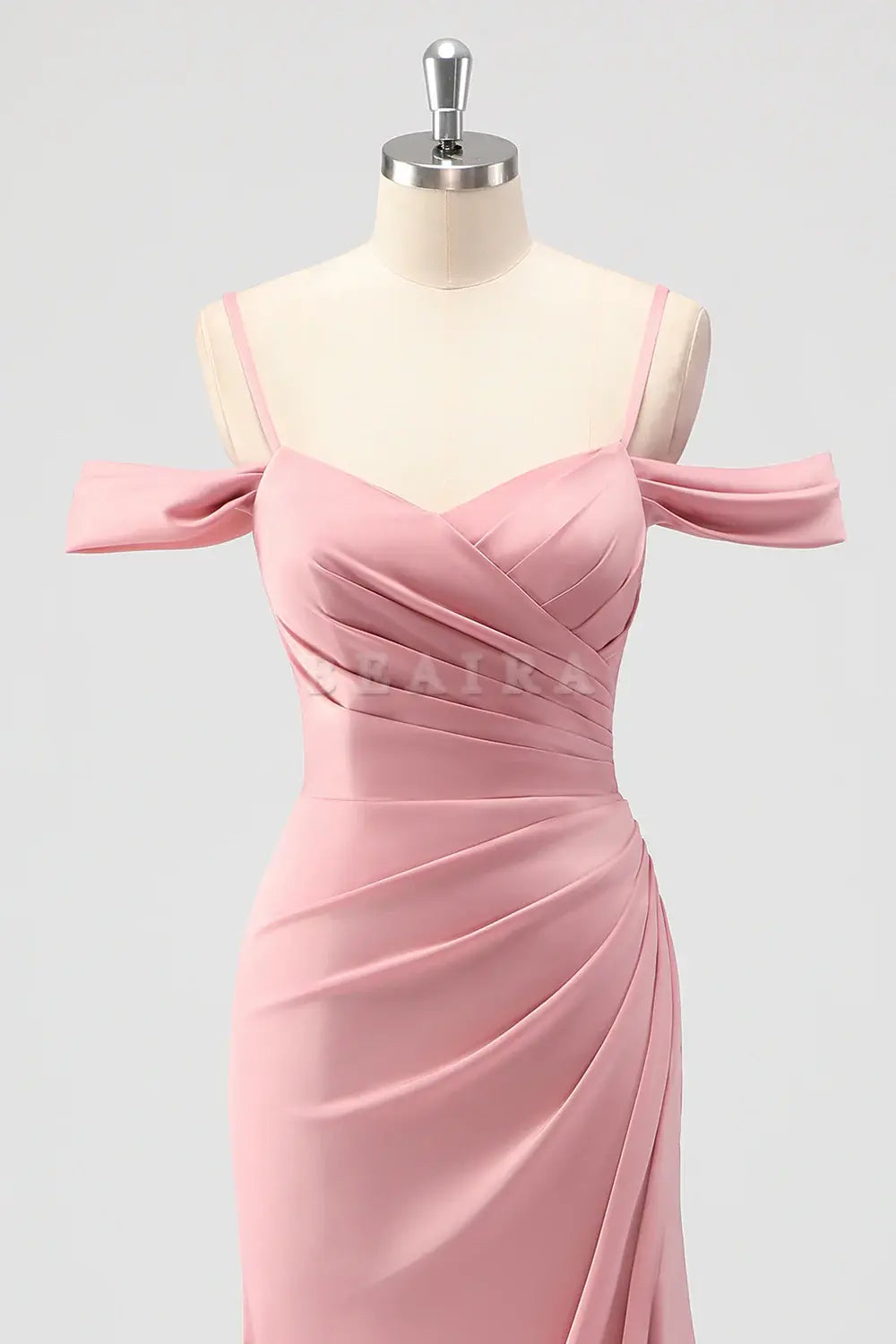 Beaira Elegant Blush Mermaid Cold Shoulder Ruched Satin Long Bridesmaid Dress with Slit