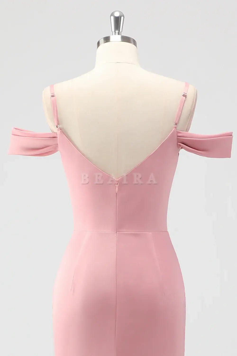 Beaira Elegant Blush Mermaid Cold Shoulder Ruched Satin Long Bridesmaid Dress with Slit