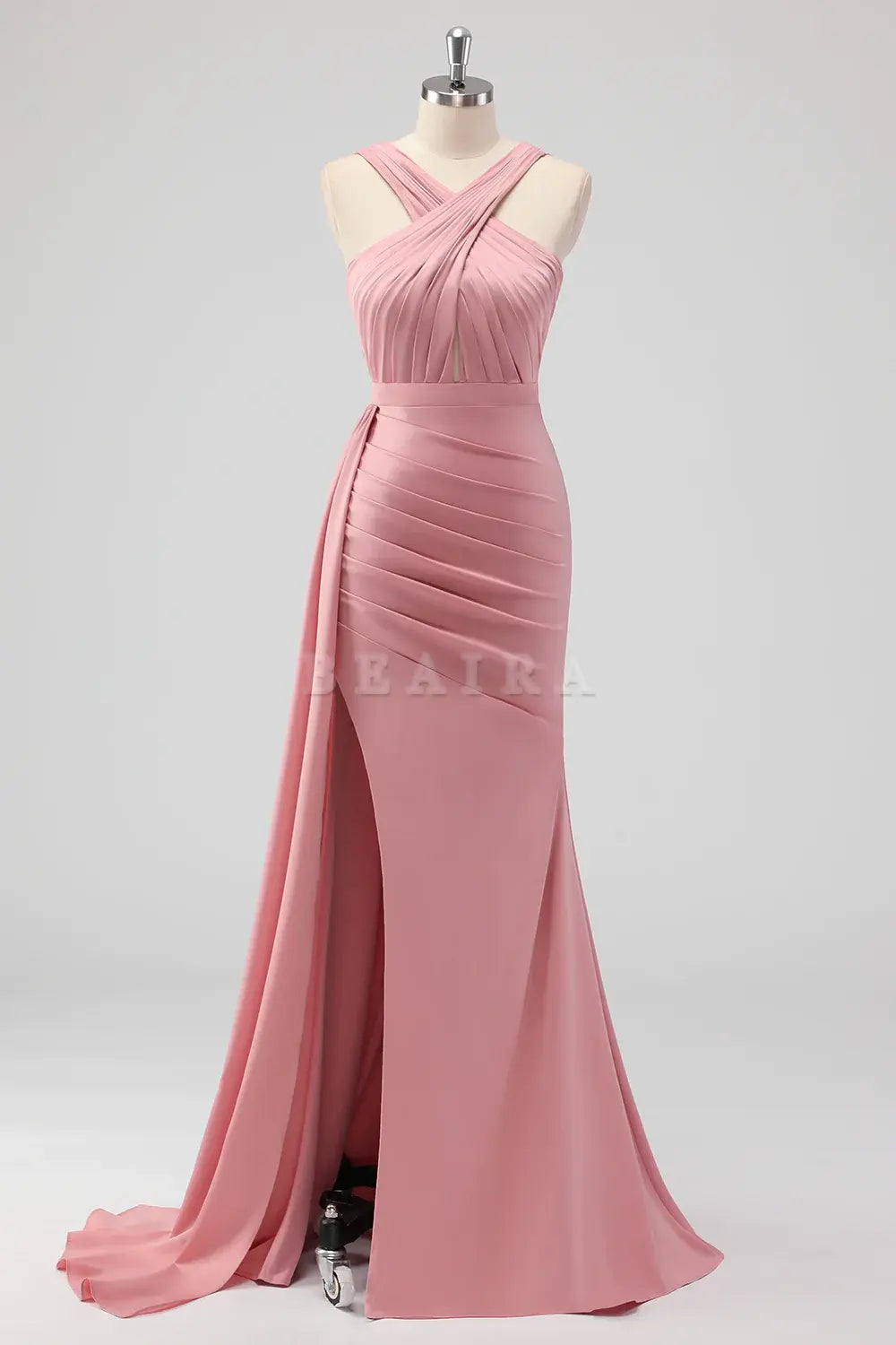 Beaira Elegant Blush Mermaid Cut Out Side Streamer Pleated Satin Long Bridesmaid Dress with Slit