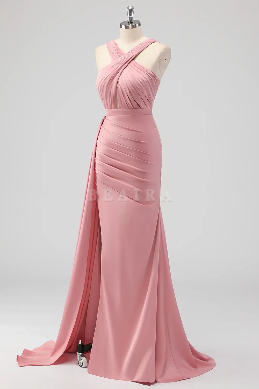 Beaira Elegant Blush Mermaid Cut Out Side Streamer Pleated Satin Long Bridesmaid Dress with Slit
