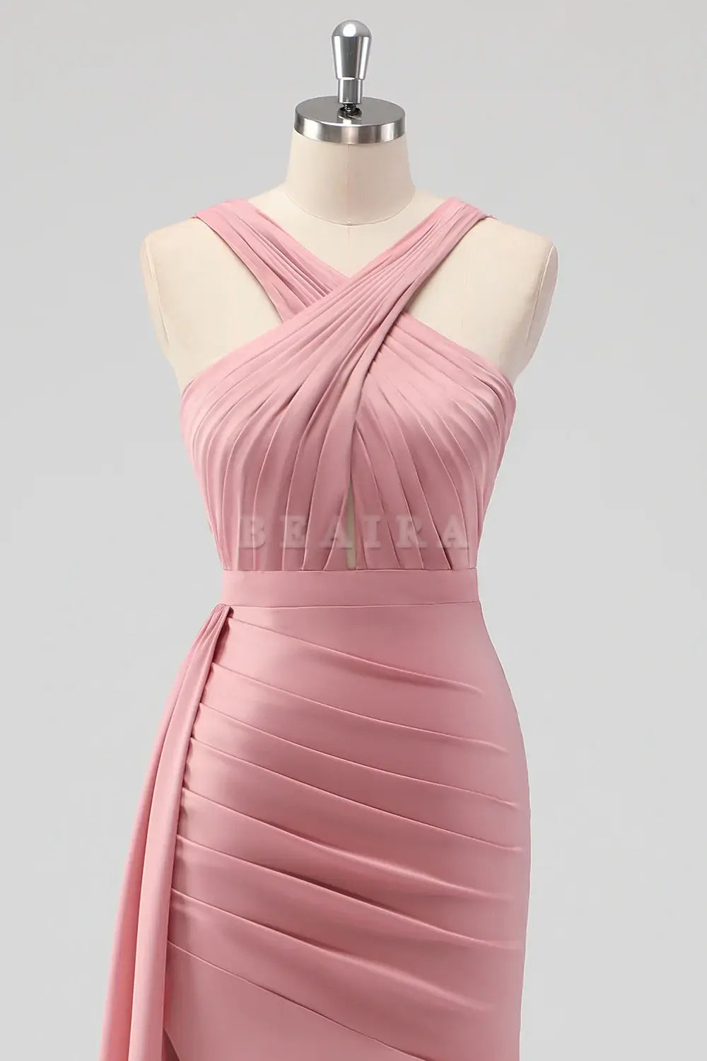 Beaira Elegant Blush Mermaid Cut Out Side Streamer Pleated Satin Long Bridesmaid Dress with Slit