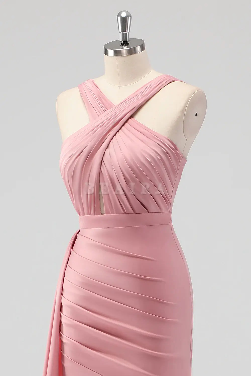 Beaira Elegant Blush Mermaid Cut Out Side Streamer Pleated Satin Long Bridesmaid Dress with Slit
