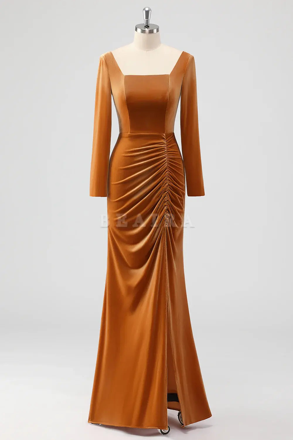 Beaira Elegant Brown Mermaid Square Neck Ruched Long Sleeves Velvet Bridesmaid Dress with Slit