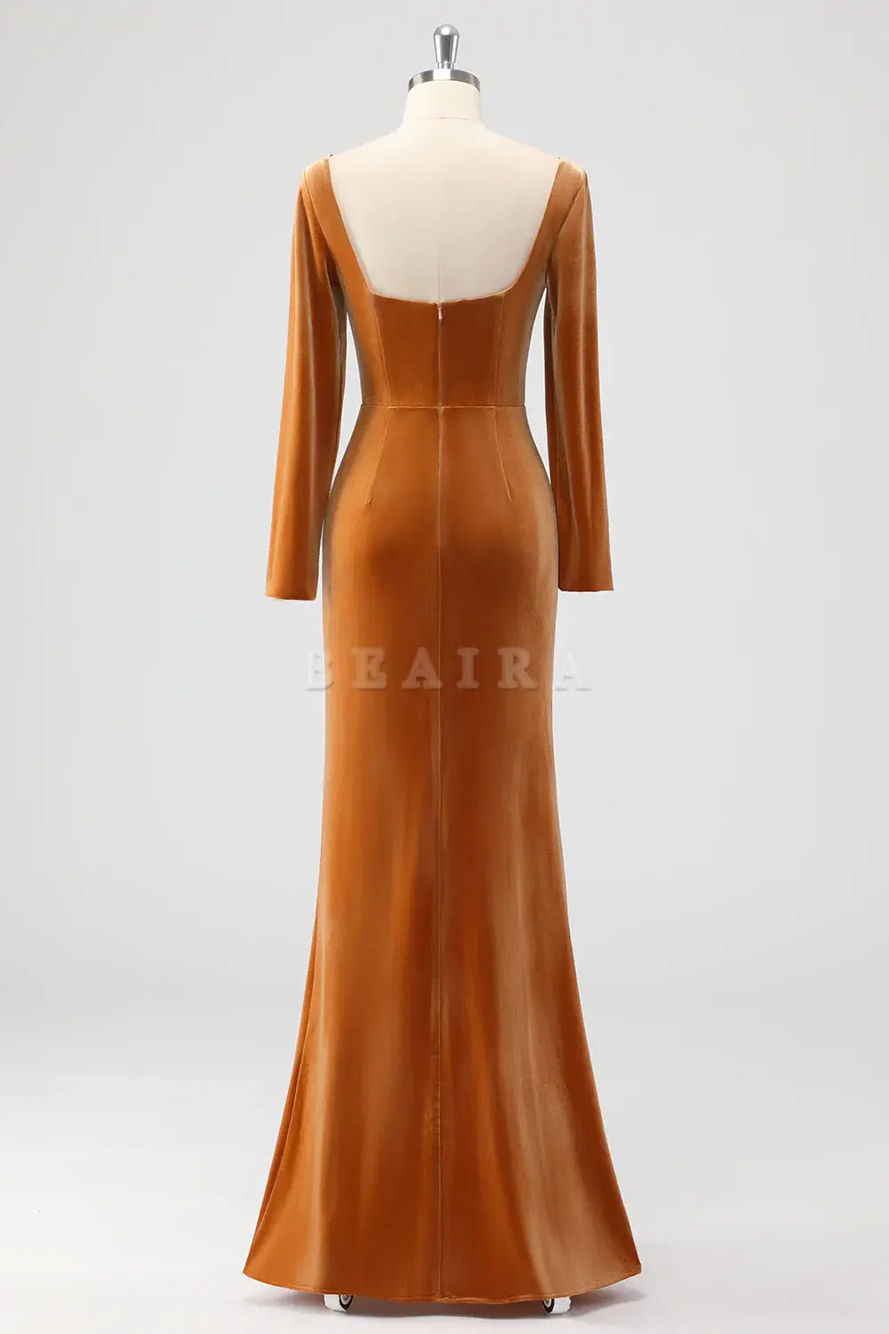 Beaira Elegant Brown Mermaid Square Neck Ruched Long Sleeves Velvet Bridesmaid Dress with Slit