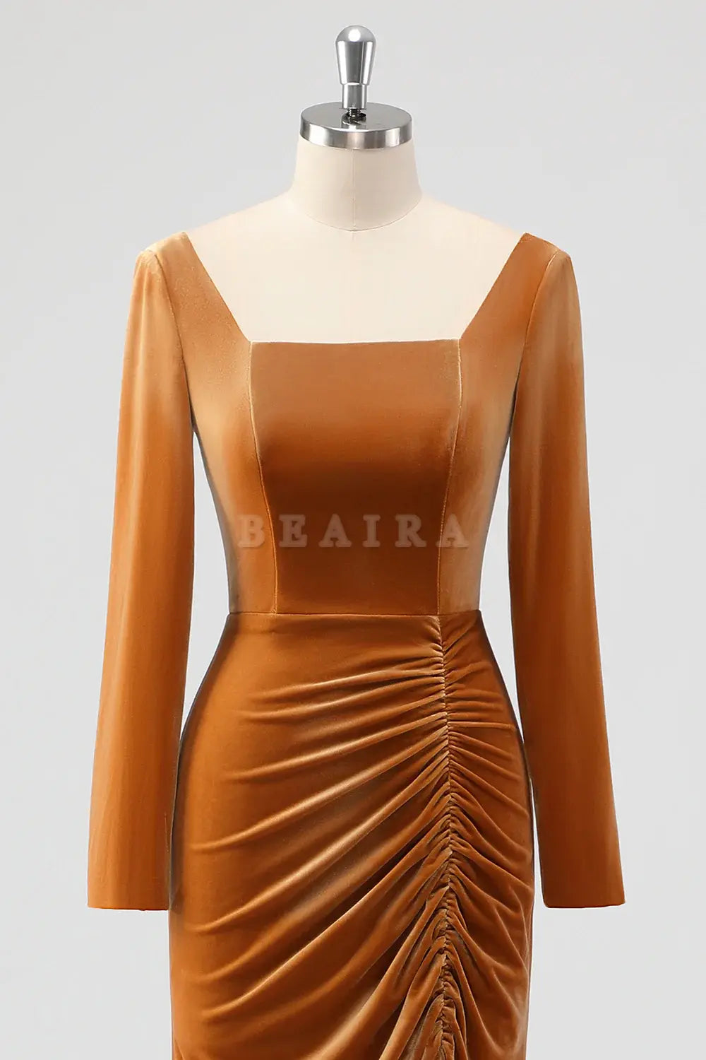 Beaira Elegant Brown Mermaid Square Neck Ruched Long Sleeves Velvet Bridesmaid Dress with Slit