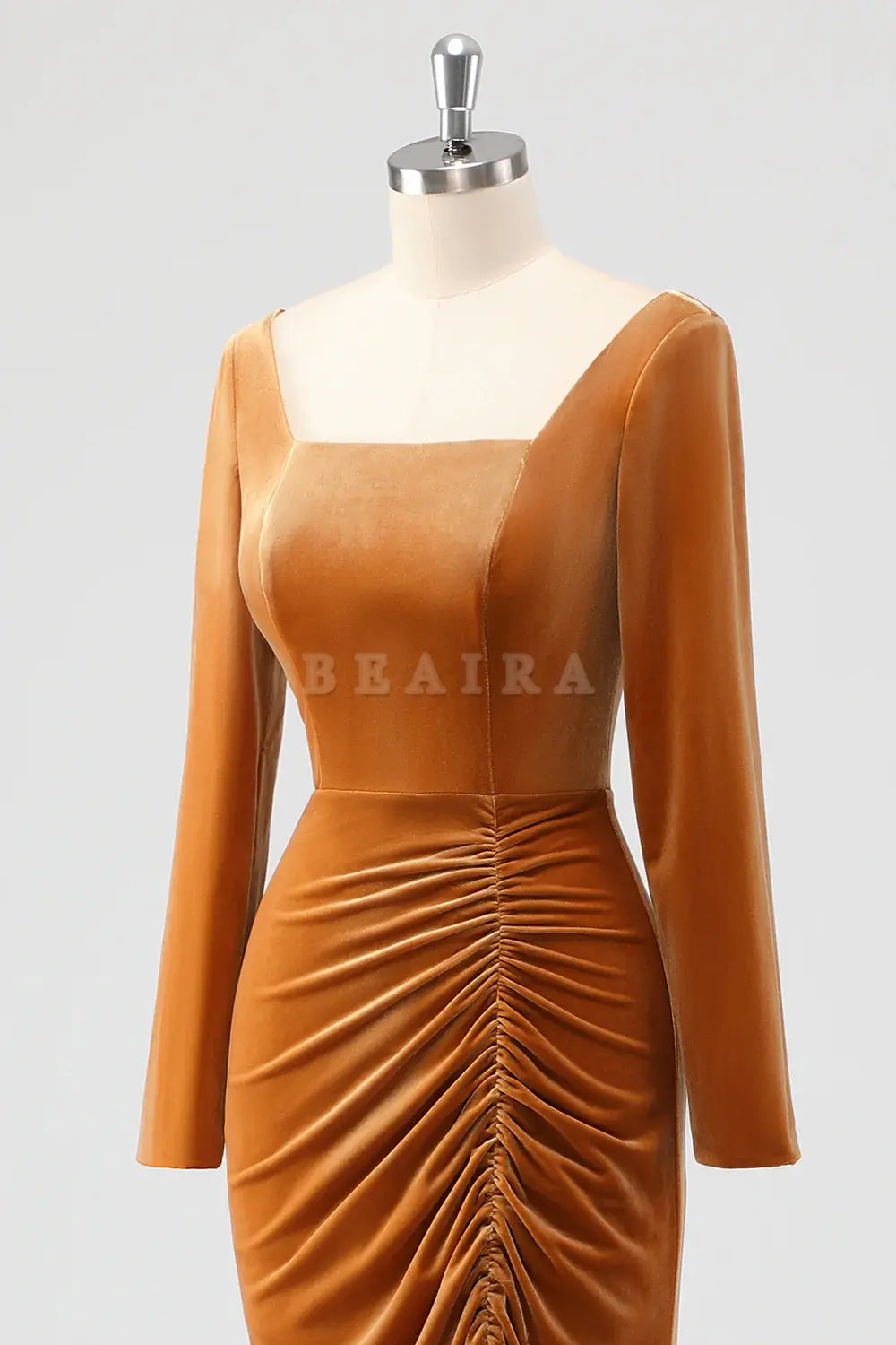 Beaira Elegant Brown Mermaid Square Neck Ruched Long Sleeves Velvet Bridesmaid Dress with Slit