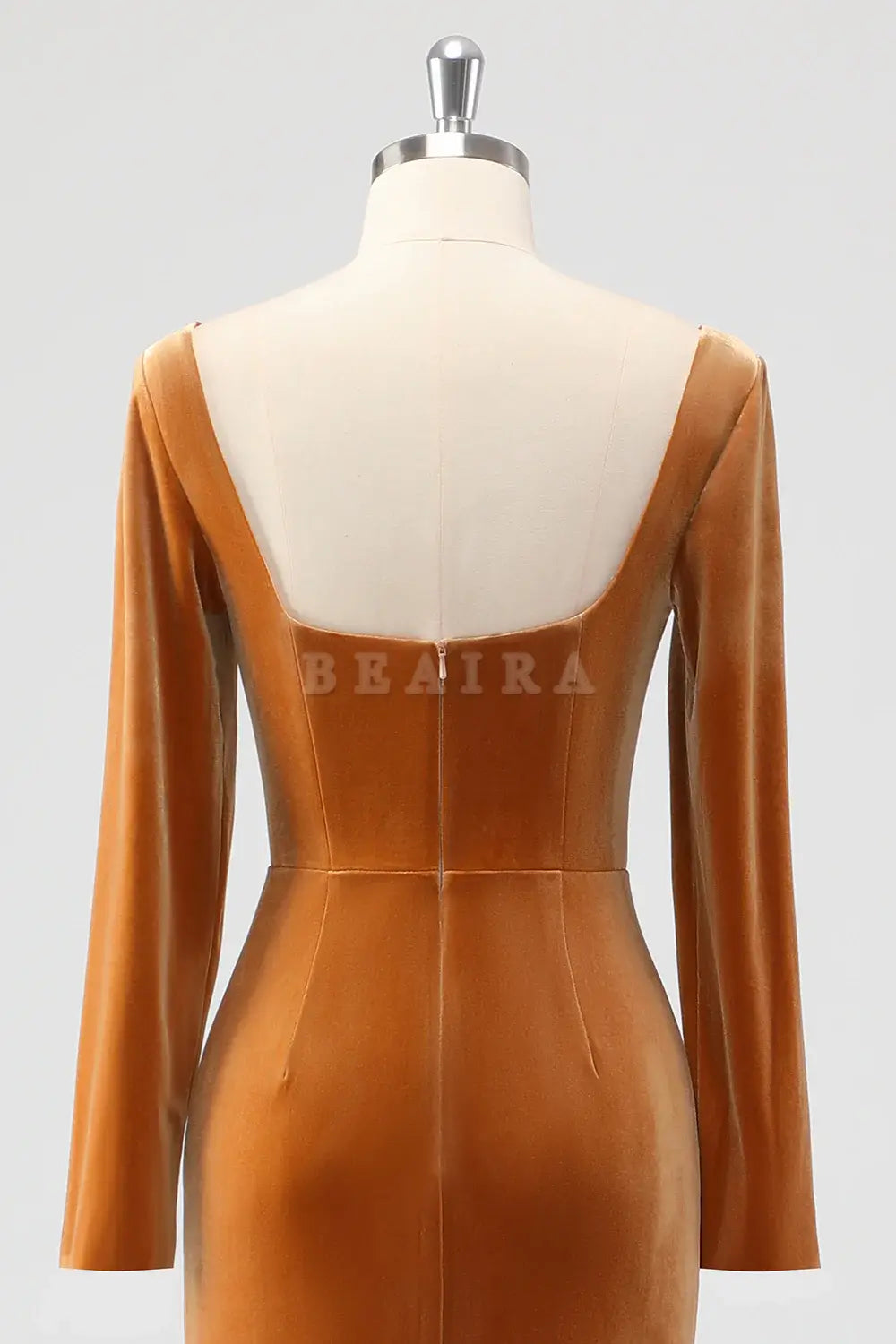 Beaira Elegant Brown Mermaid Square Neck Ruched Long Sleeves Velvet Bridesmaid Dress with Slit