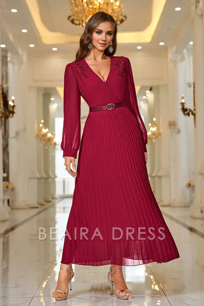 Beaira Elegant Burgundy A Line V Neck Pleated Appliques Belted Prom Dress with Long Sleeves - Burgundy