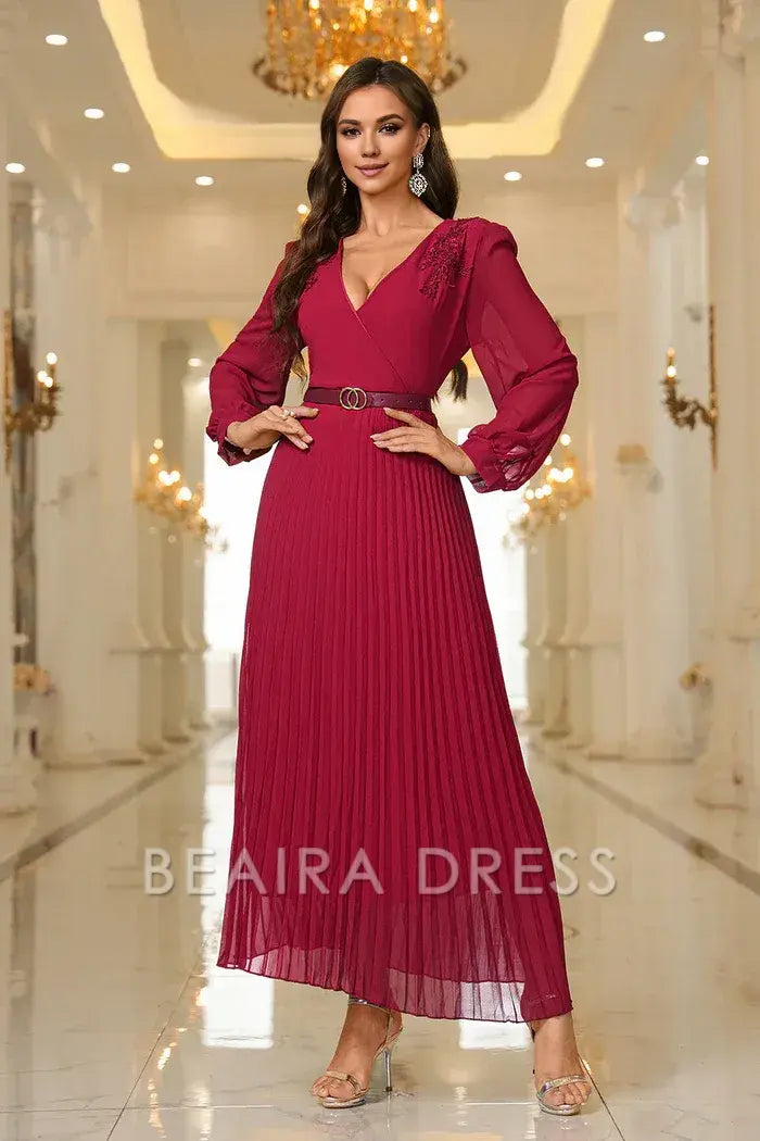 Beaira Elegant Burgundy A Line V Neck Pleated Appliques Belted Prom Dress with Long Sleeves - Burgundy