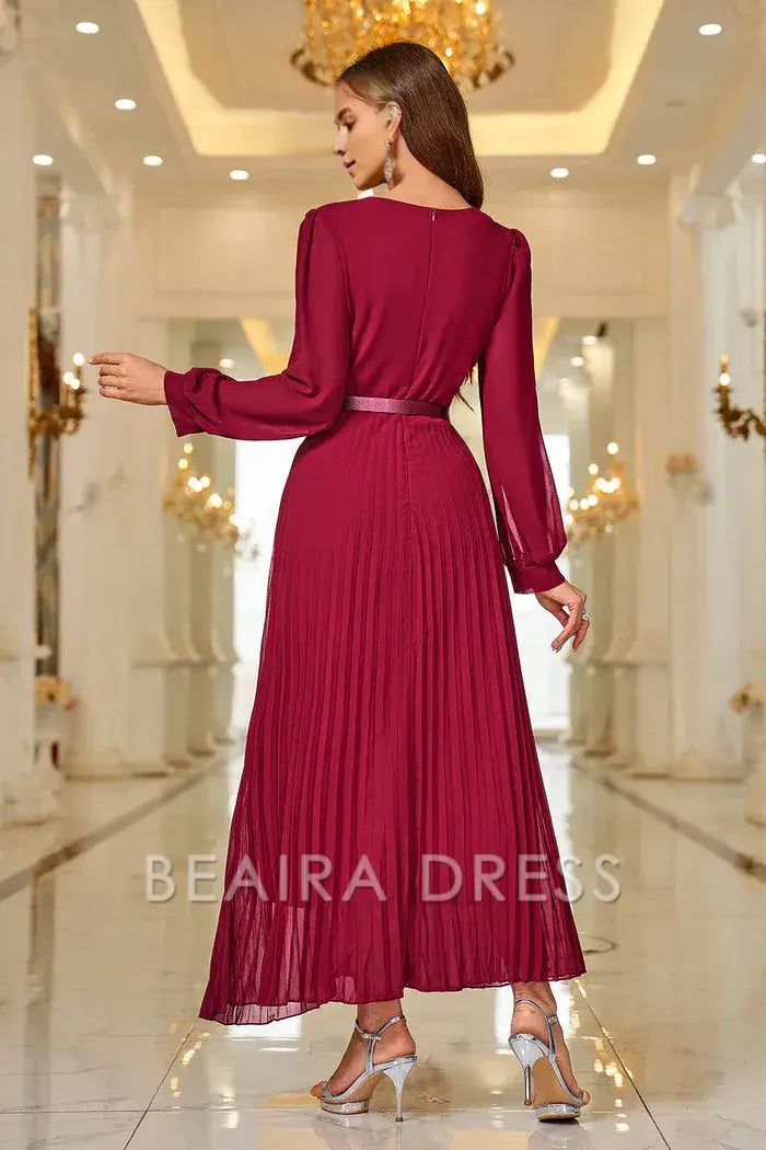 Beaira Elegant Burgundy A Line V Neck Pleated Appliques Belted Prom Dress with Long Sleeves - Burgundy