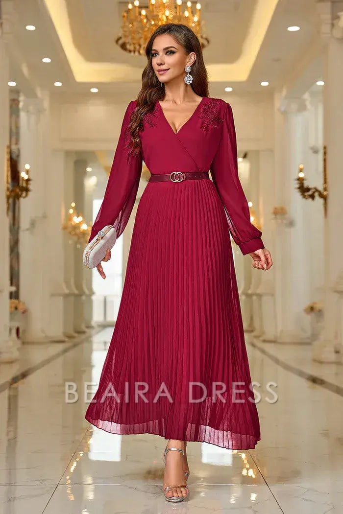 Beaira Elegant Burgundy A Line V Neck Pleated Appliques Belted Prom Dress with Long Sleeves - Burgundy