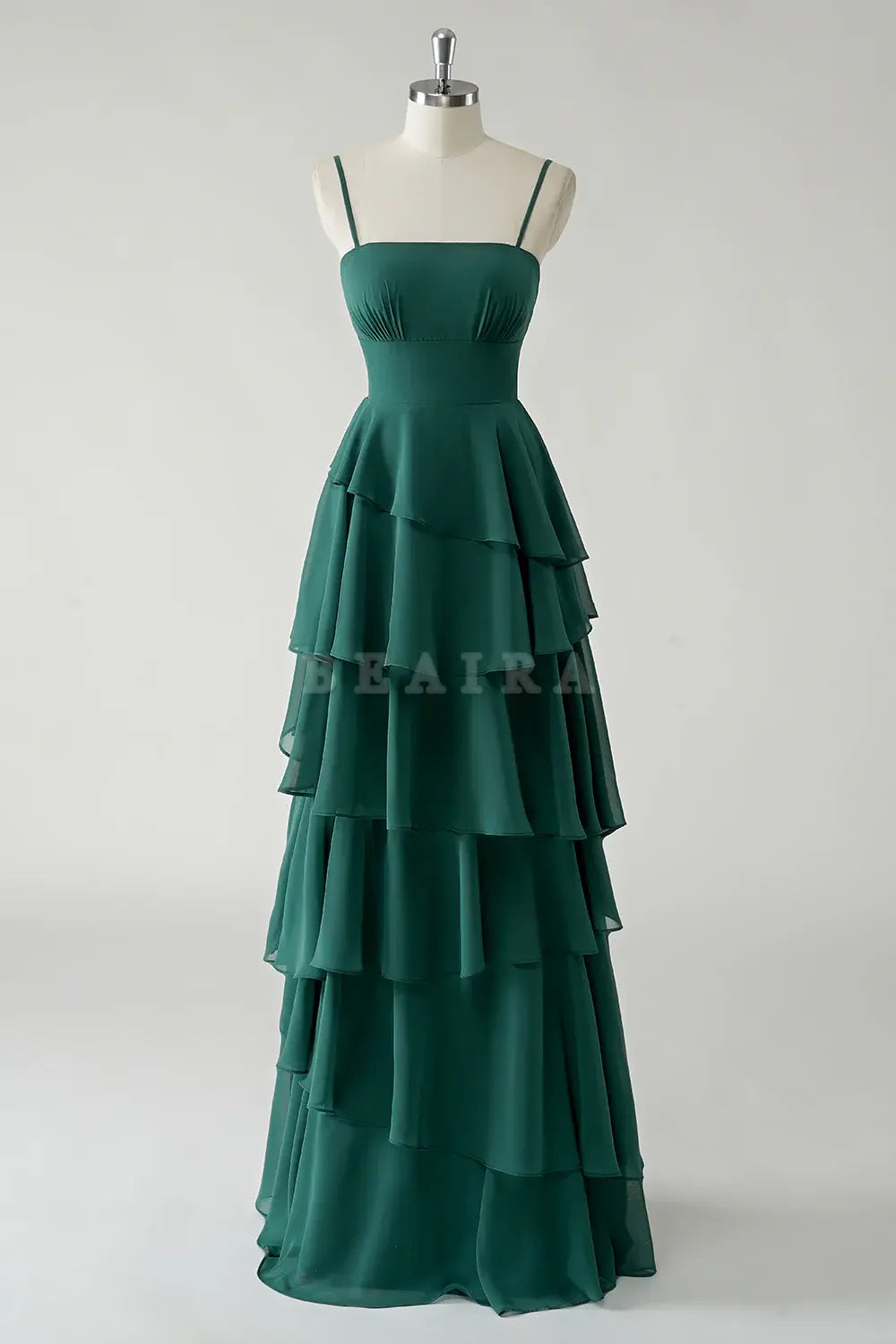 Beaira Elegant Dark Green A Line Spaghetti Straps Tiered Chiffon Floor Length Bridesmaid Dress