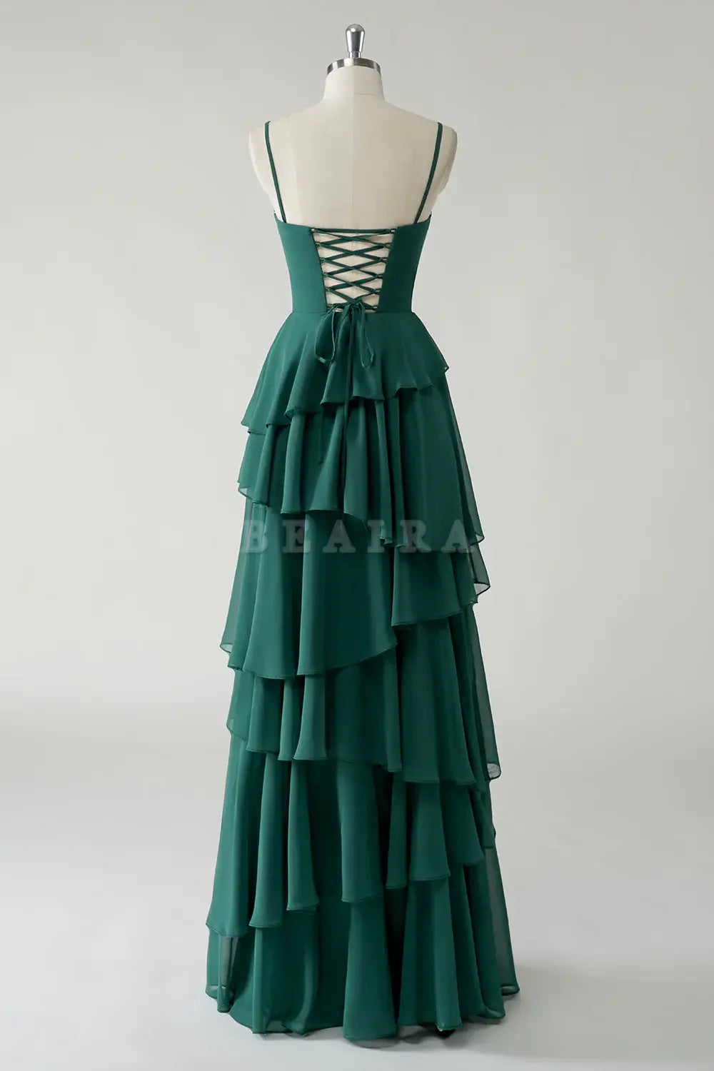 Beaira Elegant Dark Green A Line Spaghetti Straps Tiered Chiffon Floor Length Bridesmaid Dress
