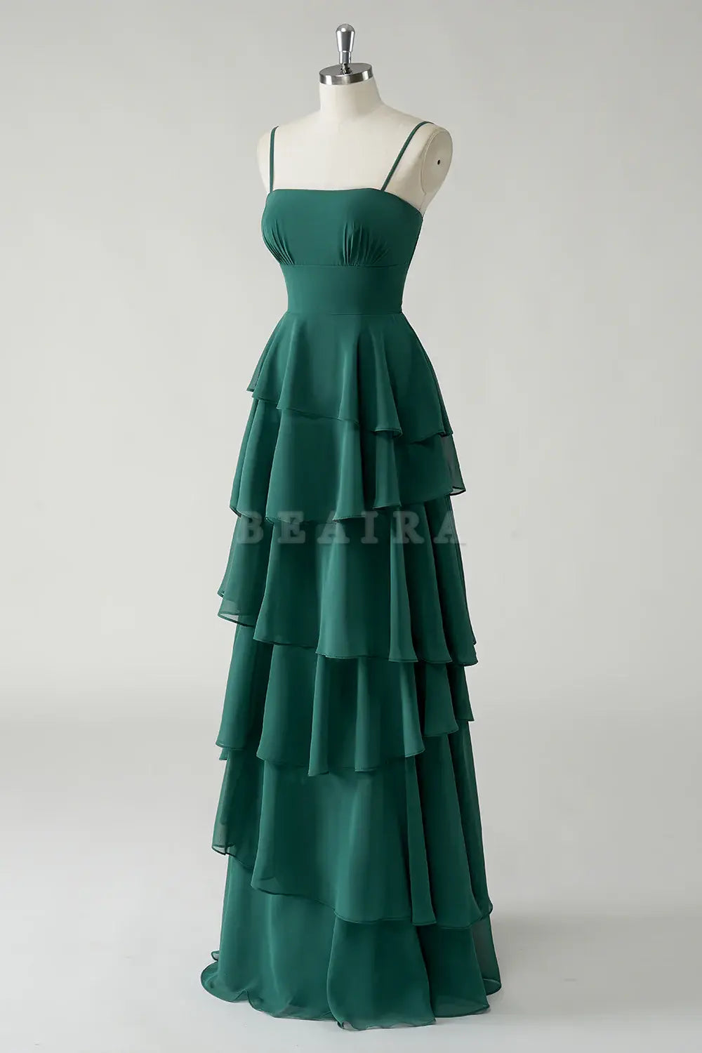 Beaira Elegant Dark Green A Line Spaghetti Straps Tiered Chiffon Floor Length Bridesmaid Dress