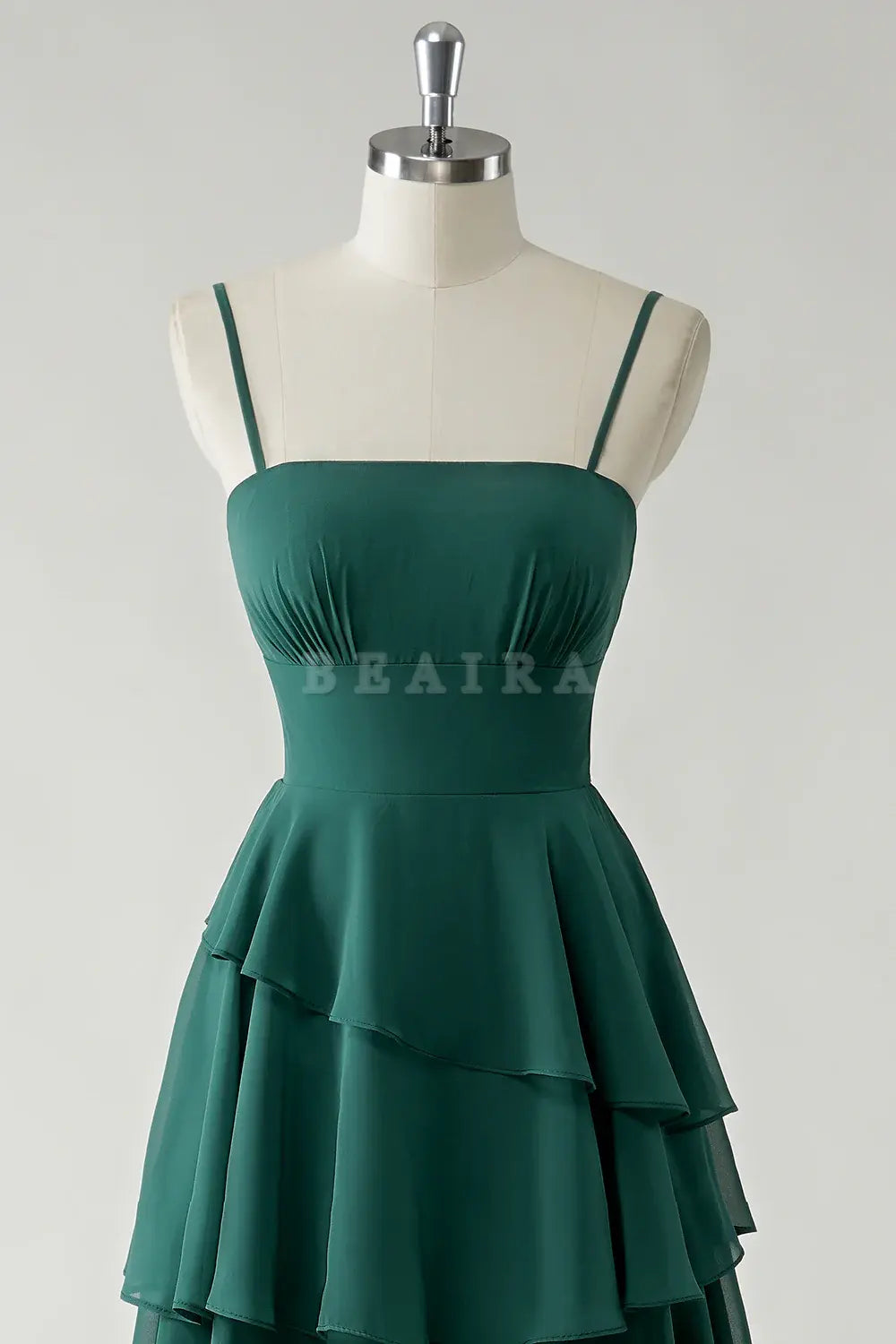 Beaira Elegant Dark Green A Line Spaghetti Straps Tiered Chiffon Floor Length Bridesmaid Dress