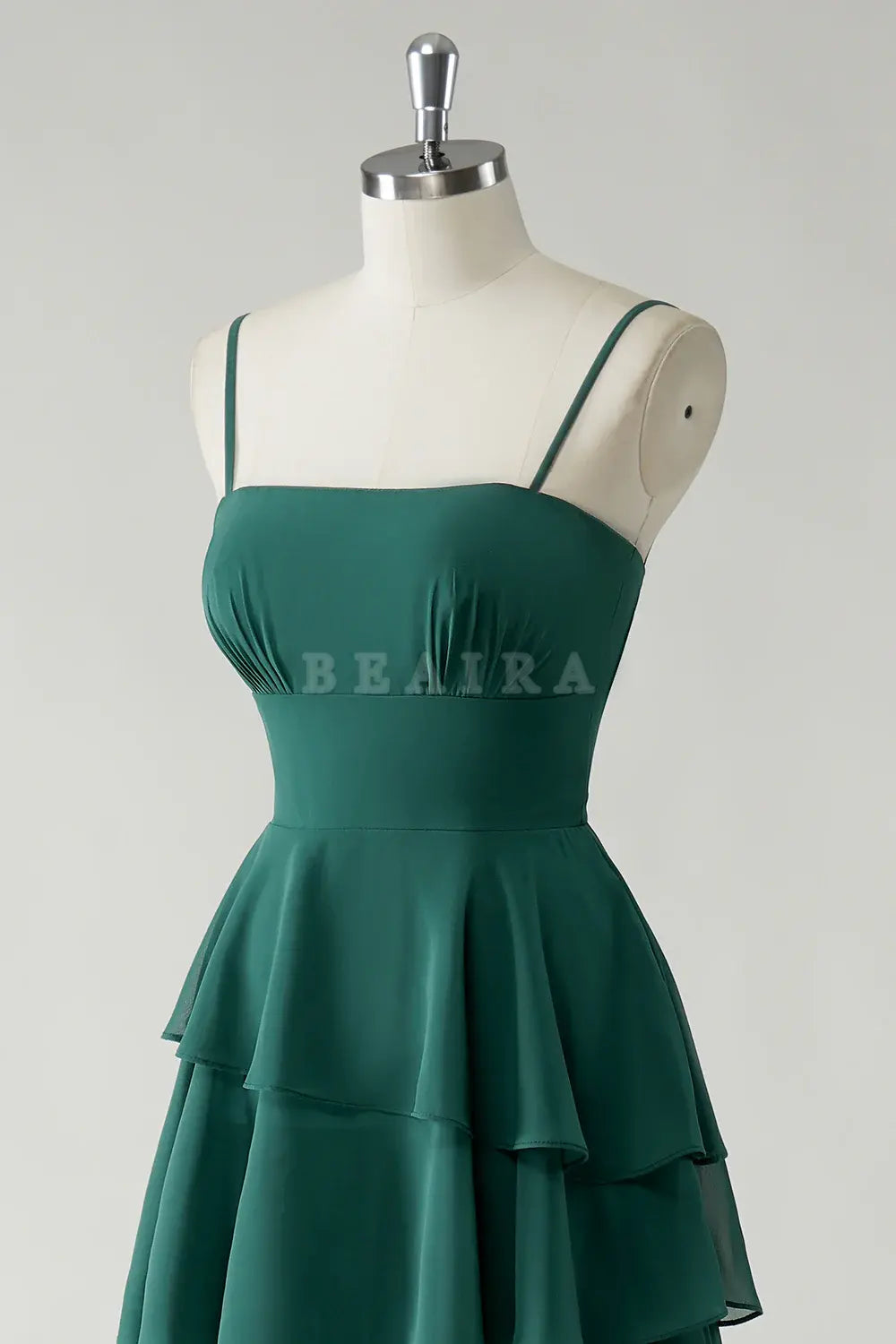 Beaira Elegant Dark Green A Line Spaghetti Straps Tiered Chiffon Floor Length Bridesmaid Dress