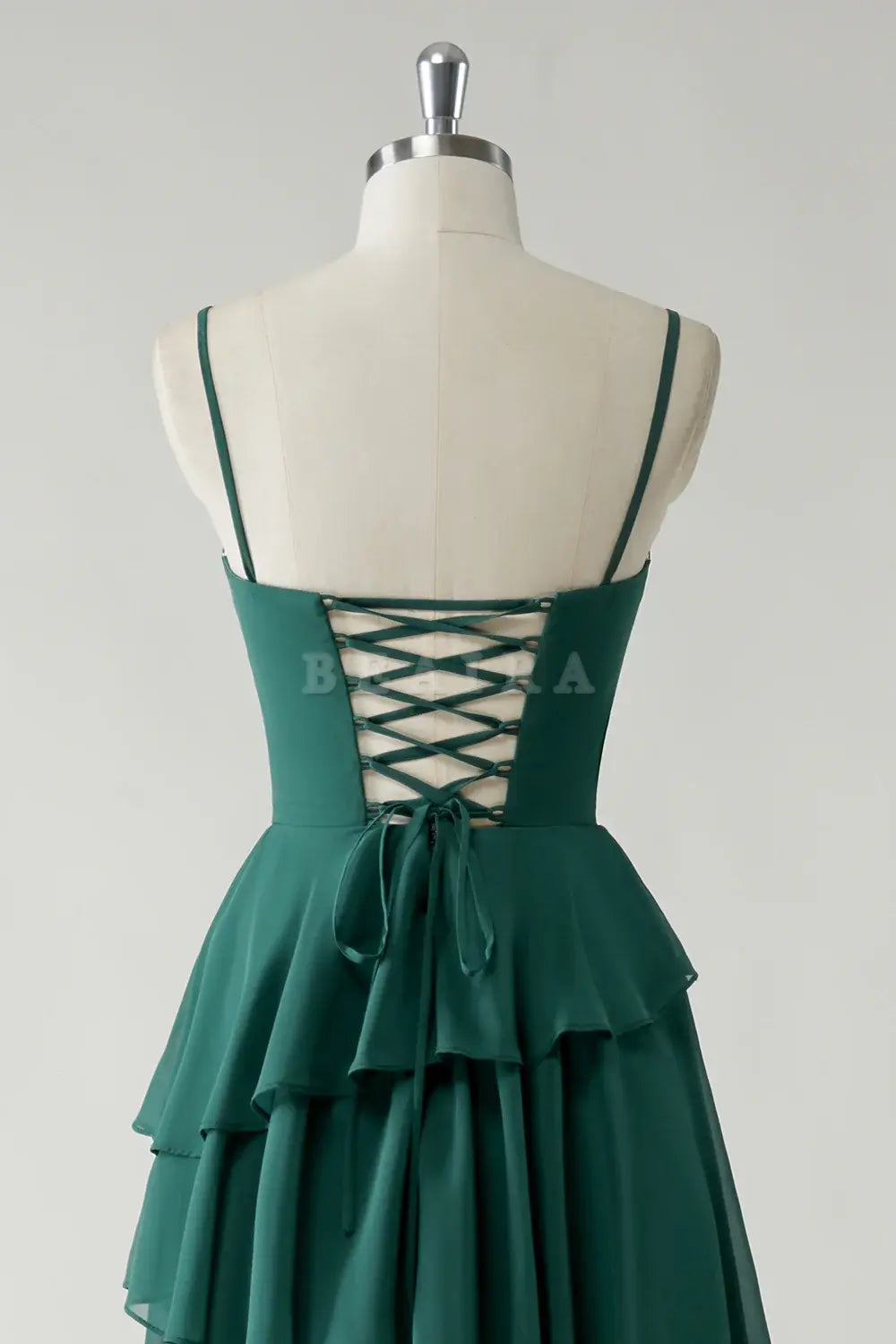 Beaira Elegant Dark Green A Line Spaghetti Straps Tiered Chiffon Floor Length Bridesmaid Dress
