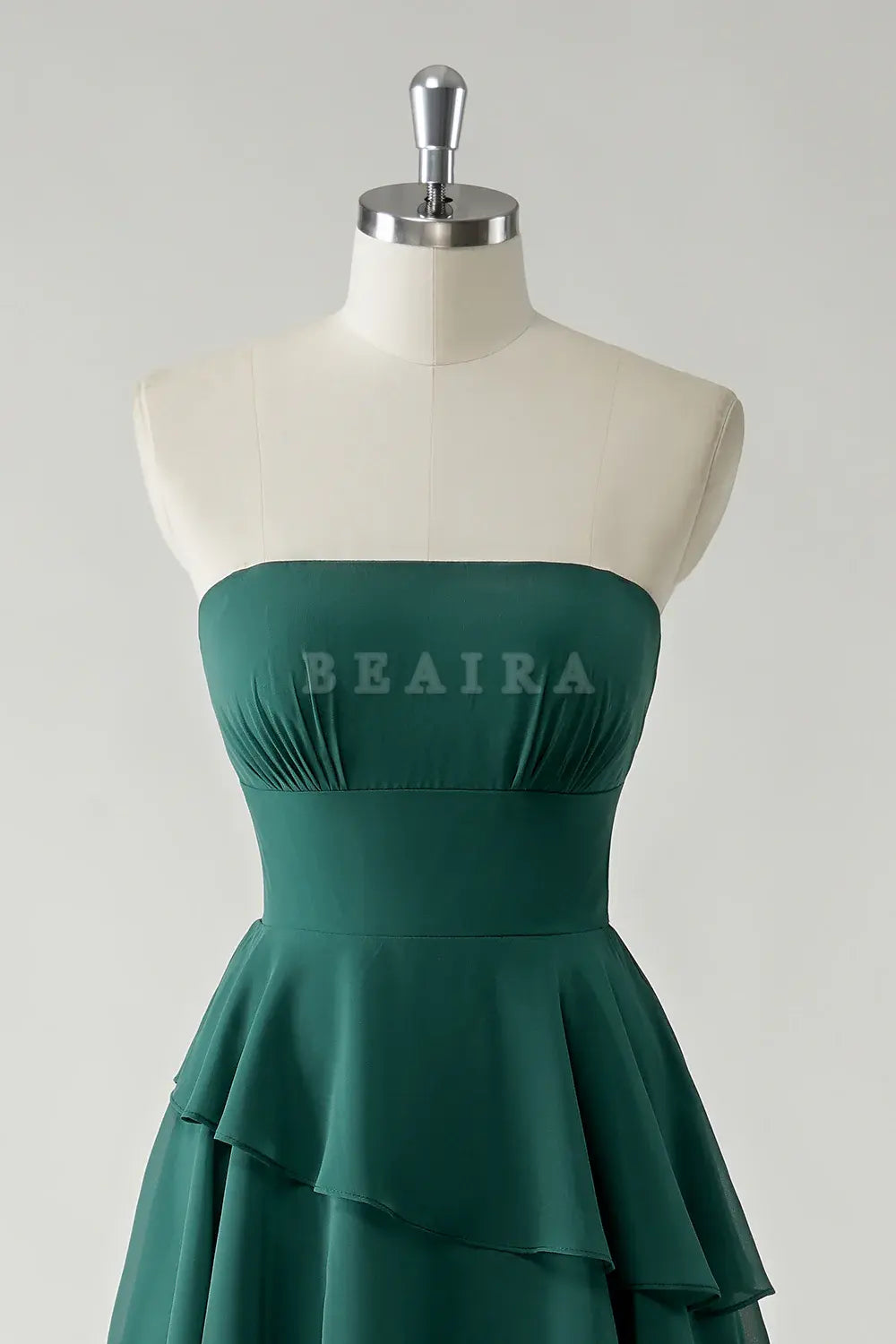 Beaira Elegant Dark Green A Line Spaghetti Straps Tiered Chiffon Floor Length Bridesmaid Dress