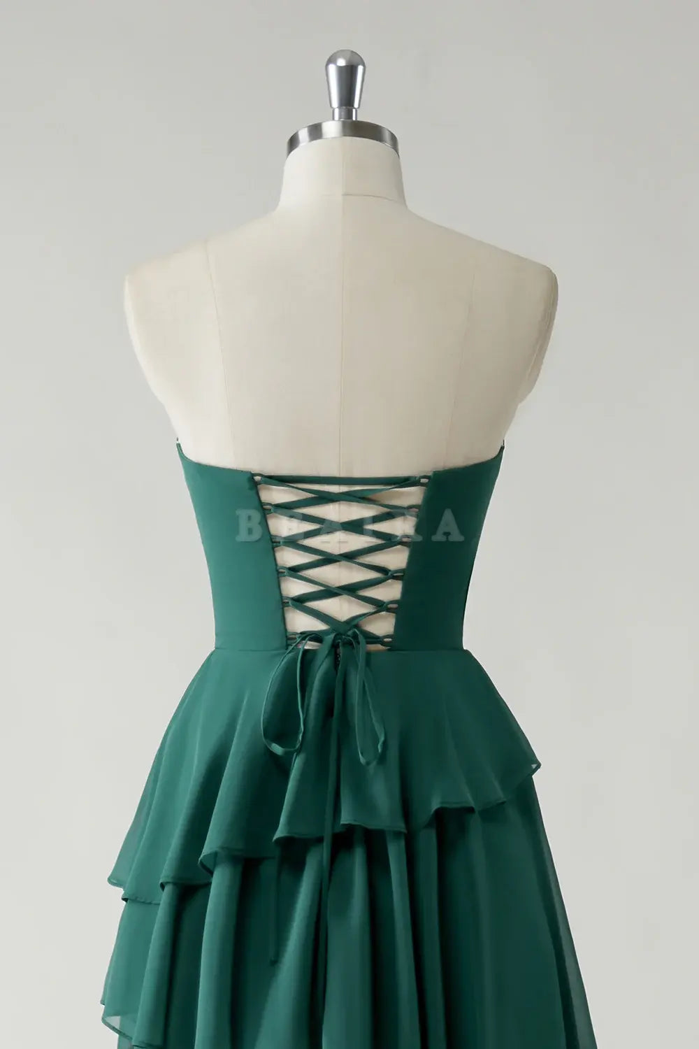 Beaira Elegant Dark Green A Line Spaghetti Straps Tiered Chiffon Floor Length Bridesmaid Dress