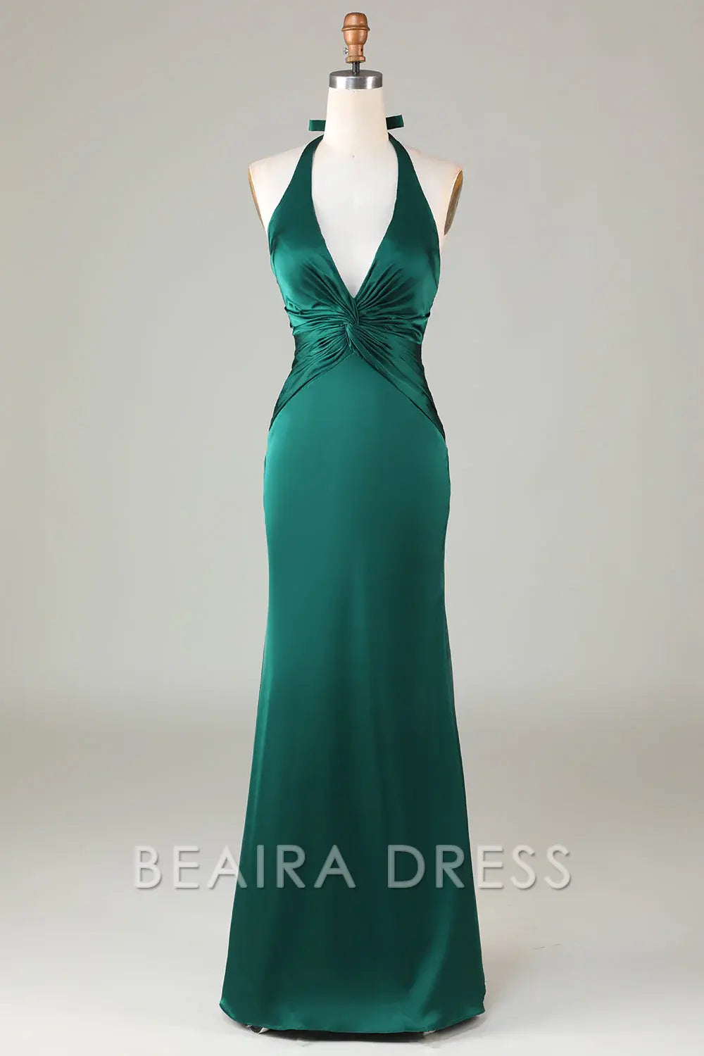 Beaira Elegant Dark Green Mermaid Halter V Neck Open Back Satin Ruched Long Bridesmaid Dress